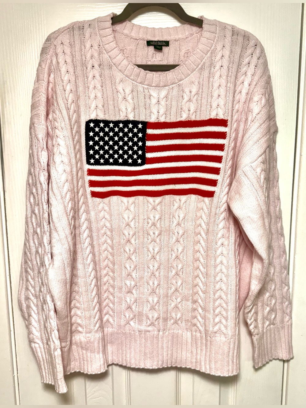 wild fable Pink Cable Knit Sweater with Red, White & Blue Flag Panel
